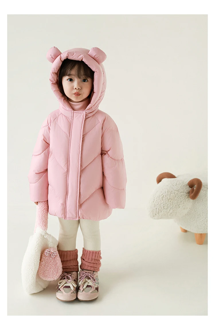 Girls Bear Ears Hood Mid Length Down Jacket Lightweight Warm Stylish Cute Solid Color Winter 2025 New for Kids 1 7 Years