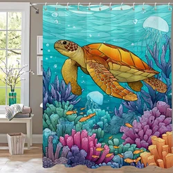 Ocean World, Turtles Shower Curtain 3D Printing Fabric Underwater World Bathroom Curtains for Bathroom Decoration with Hooks