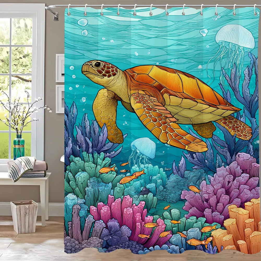 Ocean World, Turtles Shower Curtain 3D Printing Fabric Underwater World Bathroom Curtains for Bathroom Decoration with Hooks