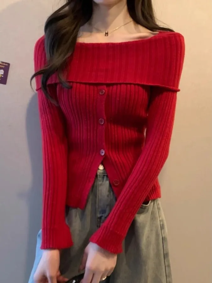 Chic ort oulder Bared Base Layer irt Ropa interior de mujer Suéter de punto Cárdigan abierto Sli Top para Otoño Invierno