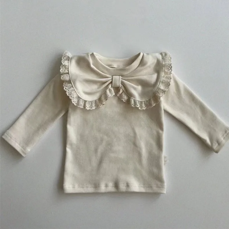 2024 Autumn New Baby Girl Lace Bow Lapel Bottoming Shirt Cotton Toddler Vintage Floral Infant Girl Princess Long Sleeve Tops