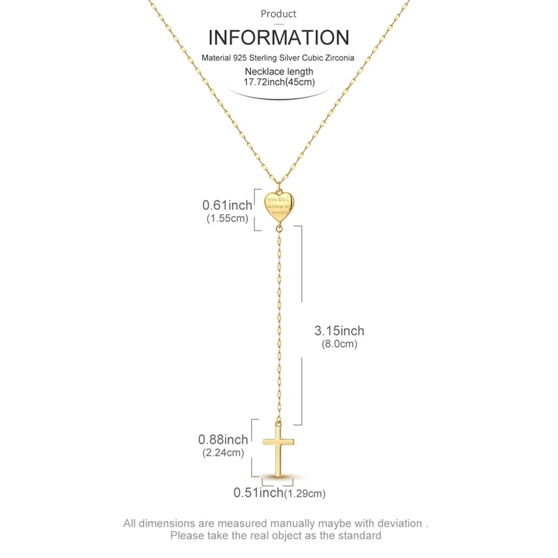 S925 Sterling Silver Faith Cross Lariat Necklace With God All Things Are Possible Heart Pendant Y-NecklaceJewelry for Women Gift