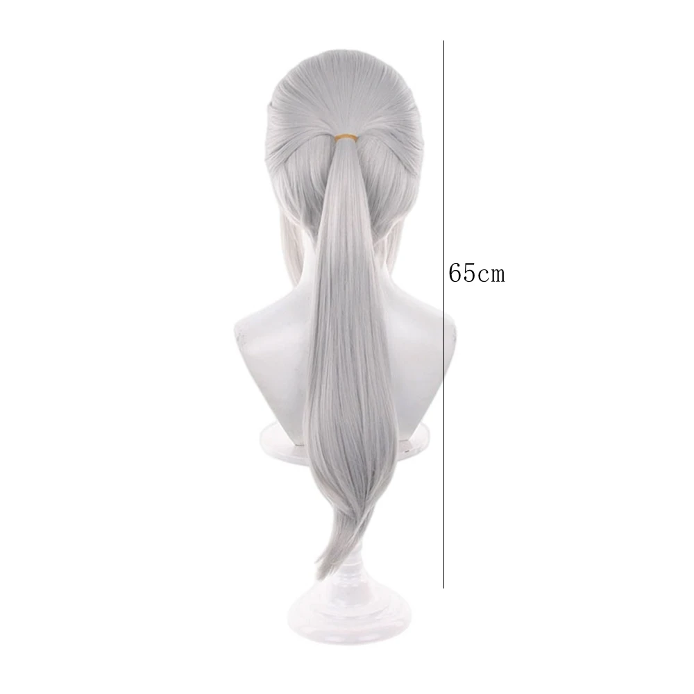 Silver Gray Long Ponytail Cosplay Wig with Bangs Heat Resistant Synthetic Hair for Anime Party Halloween Unisex Style