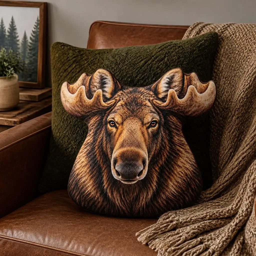 Moose Face Pillow Woodland Animal 2D Flat Shaped Stuffed Throw Pillow Decorative Cushion Pillow for Sofa Room Party Decor