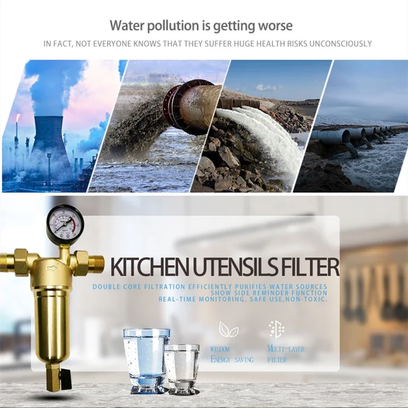 浄水器システム,前ろ過,純真鍮ボディ,ステンレス鋼メッシュ,ゲージ付き,0.5/0.75/1インチ,送料無料