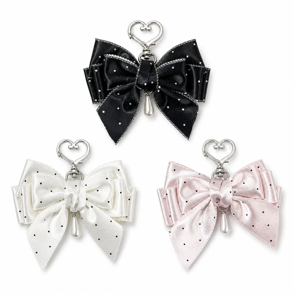 Polka Dot Pattern Polka Dot Bow Keychain Satin Finish Sweet Lolita Style Bag Pendant Pearl-Style Charm Pearl Charm Keychain