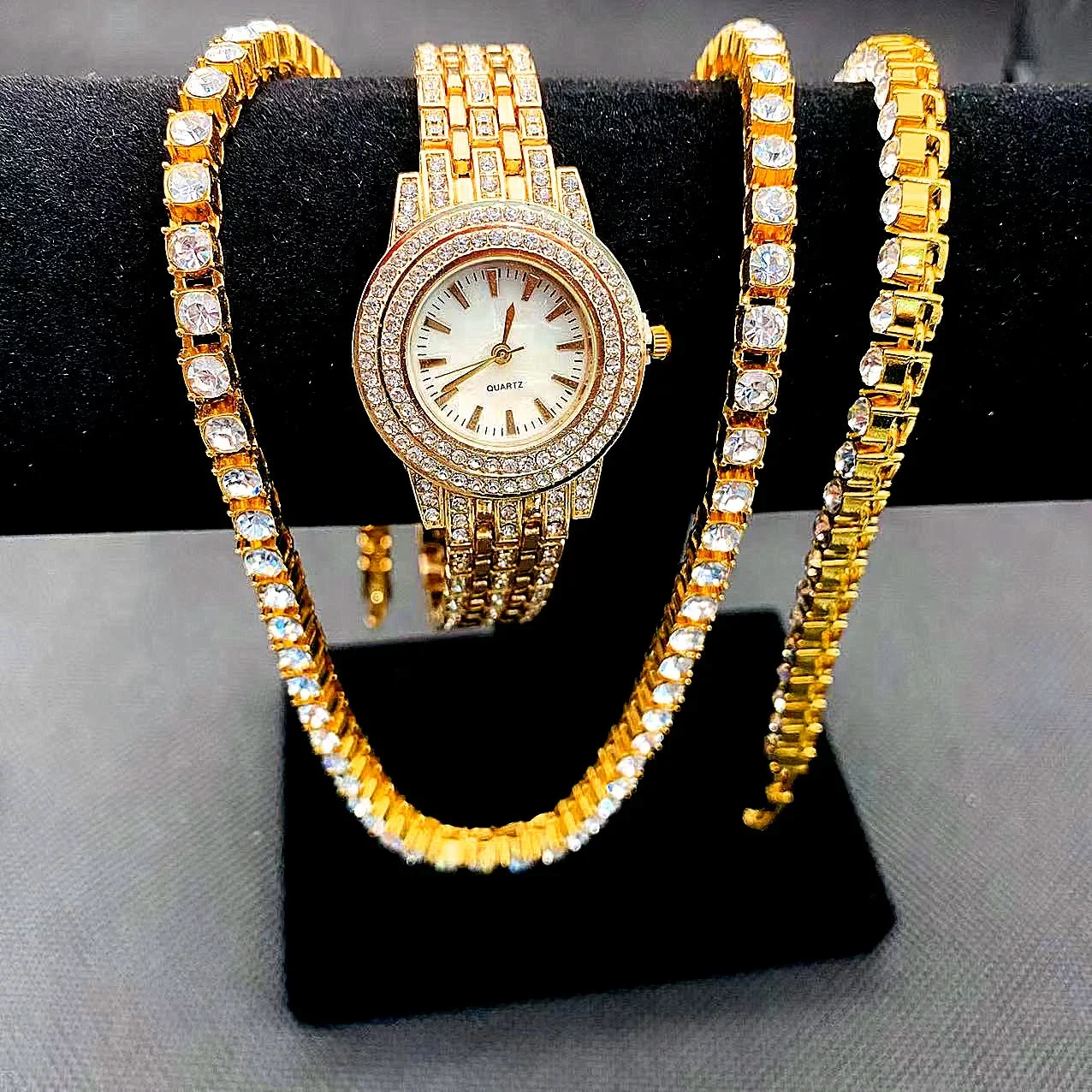 

Роскошные часы Iced Out для женщин, комплект ювелирных изделий Diamound, браслет-цепочка, ожерелье, блестящие часы CZ, женские часы Reloj Mujer