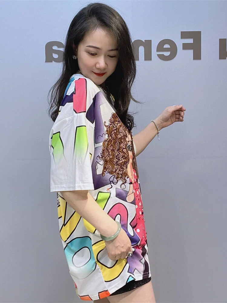 

Ice Cool Cotton ort Sve Women's T-irt Korean Sle Summer Heavy Print Beaded Large Size f Sve T-irt