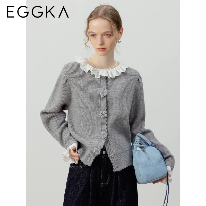 EGGKA Autumn Sweet Flower Knitwear Cardigan Women\'s O-neck Loose Sweaters Korean Style Basic Gray Cardigans Casual Sweater 2024