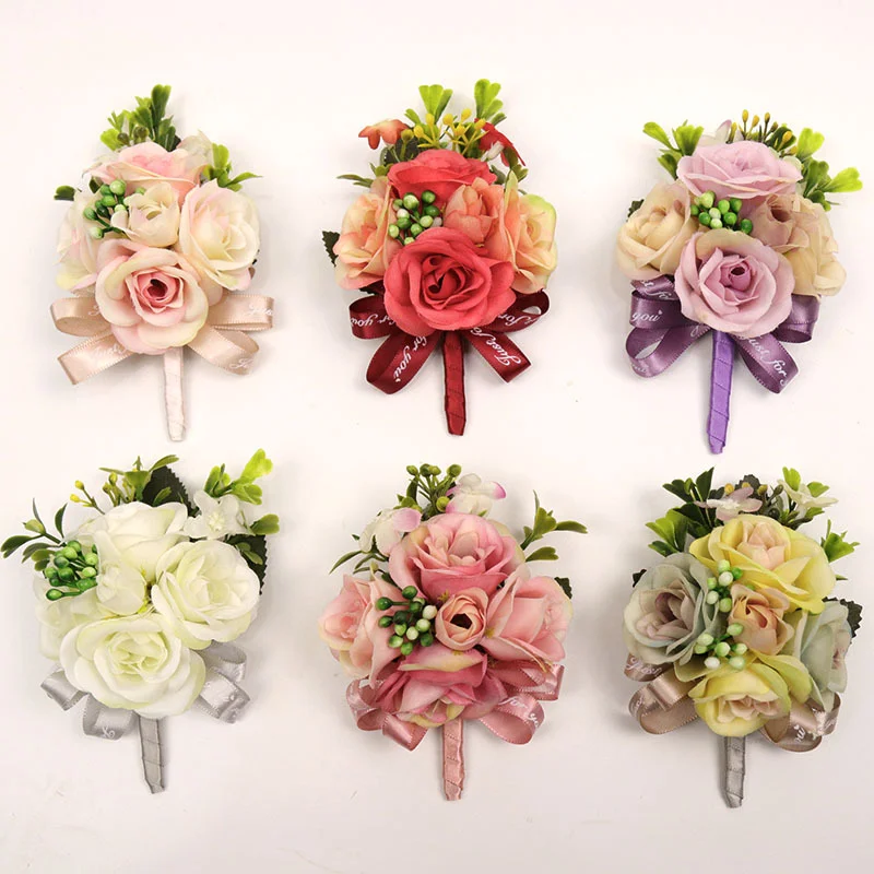 Man แต่งงาน Boutonniere กุหลาบ Corsage กำไลข้อมือแฟชั่นดอกไม้พยาน Buttonhole ชุด Broche Mariage Decor