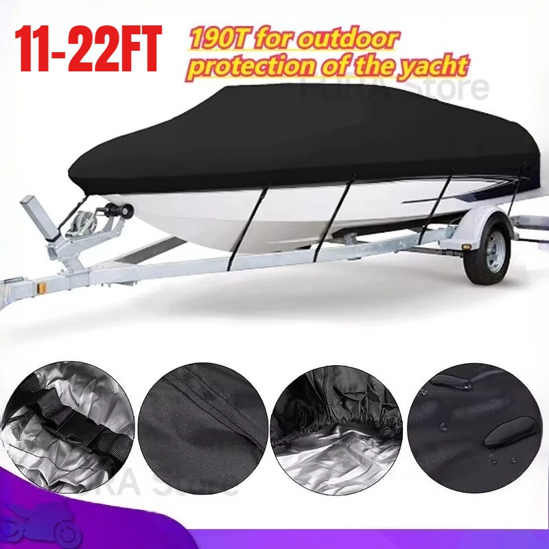 

Boat Cover 11-22FT 190T Polyester Yacht Outdoor Protection Waterproof Fabric Anti-smashing Tear Proof Black Silver Reflective