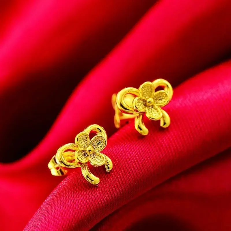 ANGLANG-Boucles d'oreilles fleur plaquées or véritable 18 carats pour femme, sans allergie, bâtons d'oreille, pétale tout assressenti, paon jamais, 999