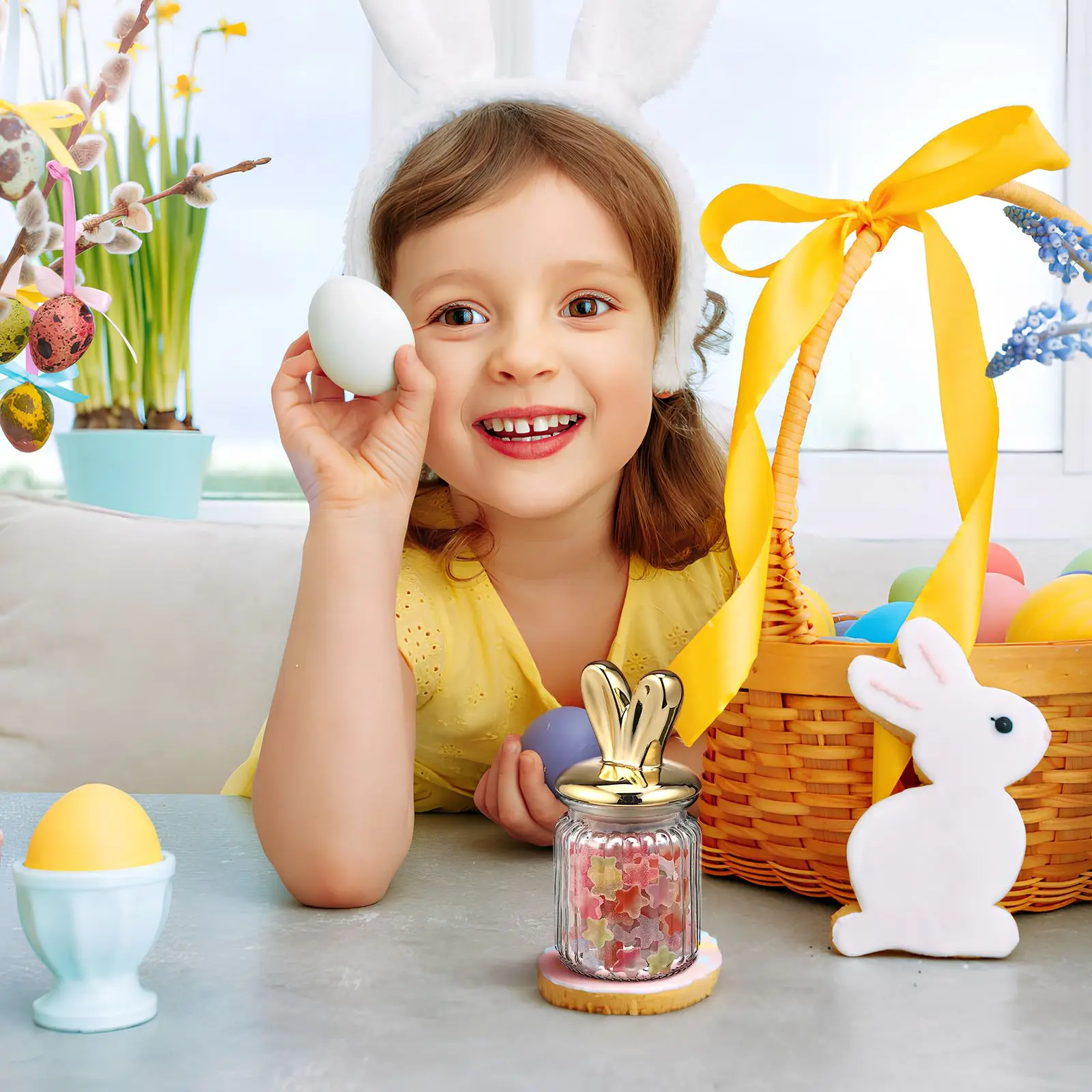 

Small Bunny Jar Rabbit Ears Snack Fridge Glass with Lid Decorate Clear Storage Canister Bride for Candy