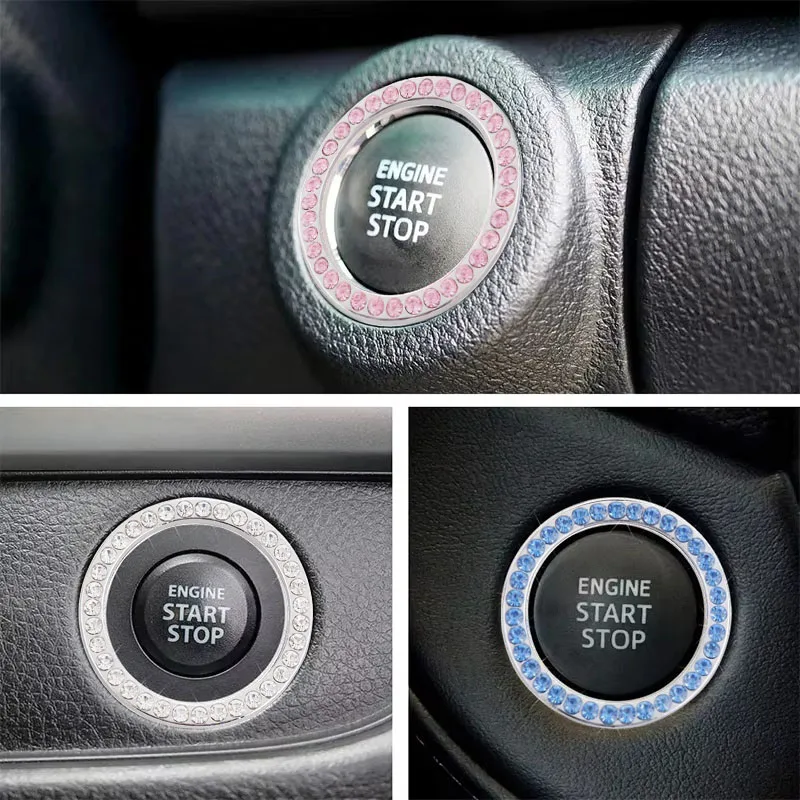 1-2pcsRhinestone Key Ring Stickers Auto Start Switch Button Decorative Metal Cover Diamond Bling Key Ring Car Decals Accessories
