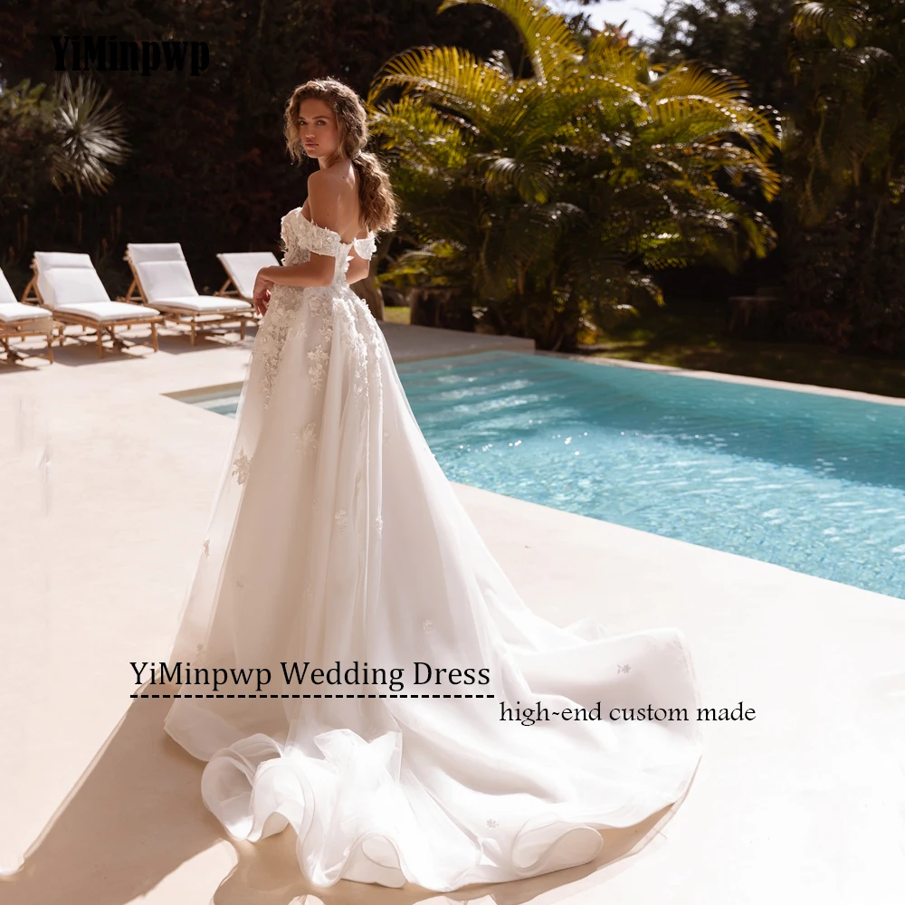 Fiori Abito da sposa 2025 Donne con spalle scoperte Scollo a V Applique Backless Abiti da sposa A-Line Tulle abiti da sposa Personalizzato