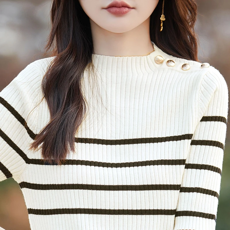 Summer New Knitted Woolen Sweater Women's Round Neck Middle Sleeve Fine Lmitation Wool Button Style Stripe Spliced Short Sleeve