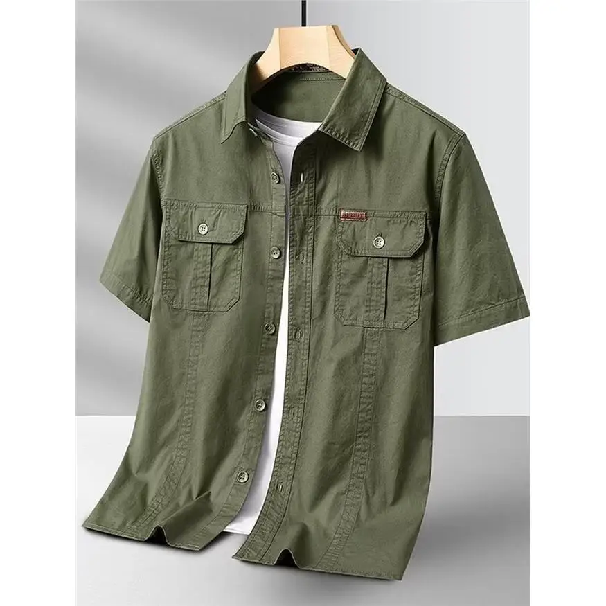 Men's Casual Loose Short Sleeve Work Shirt Outdoor Breathable Cotton T-Shirt Pocket Design Summer Fashion Leisure Shirt