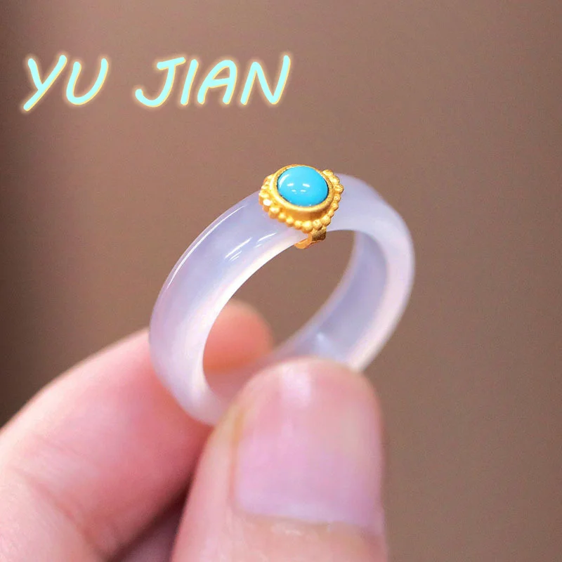 New Natural White Chalcedony Finger-Ring Female Jasper Niche Design Temperament All-match Agate Ring FINE Handring Jewelry