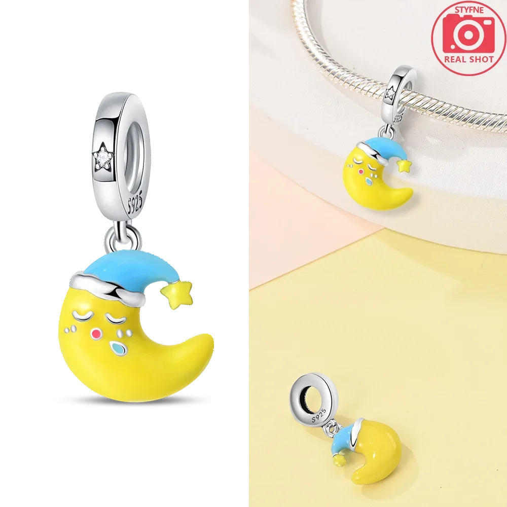 Nightglow Star Moon Silver Charms Beads, DIY Gift