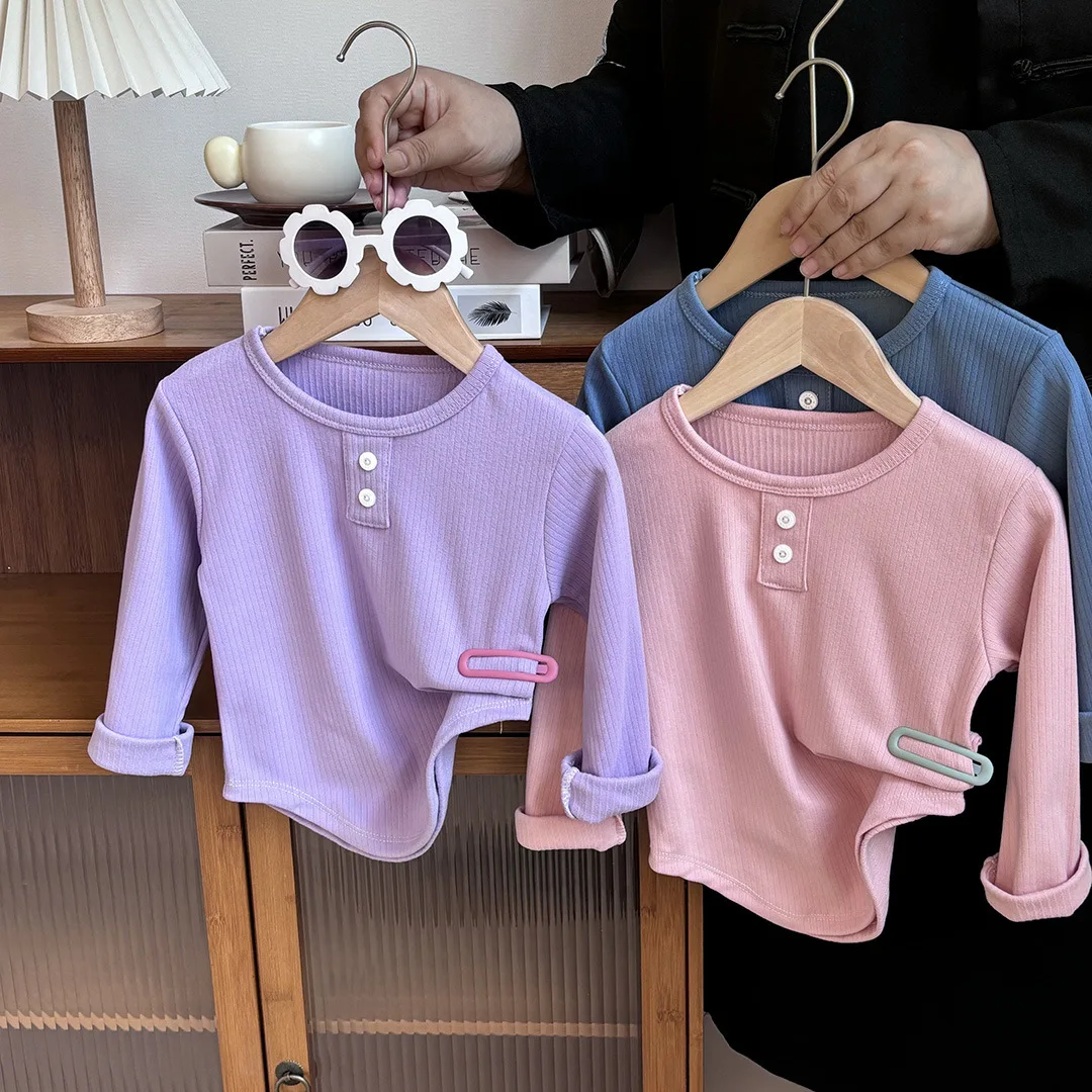 Autumn Children Girl T-shirts Cotton Solid Long Sleeve Baby Girl Bottom Top Candy Color Round Collar Infant Girl Warm Undershirt