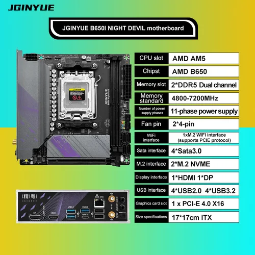 La placa base JGINYUE AM5 admite procesadores de CPU AMD Ryzen serie 7000 DDR5 memoria RAM de doble canal ITX B650i Night Devil