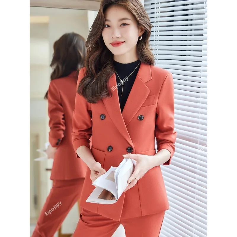 

2024 New Red Khaki Black Brown Women Pant Suit Ladies Female Formal Business Jacket Blazer and Trouser Work Wear 2 Piece Set