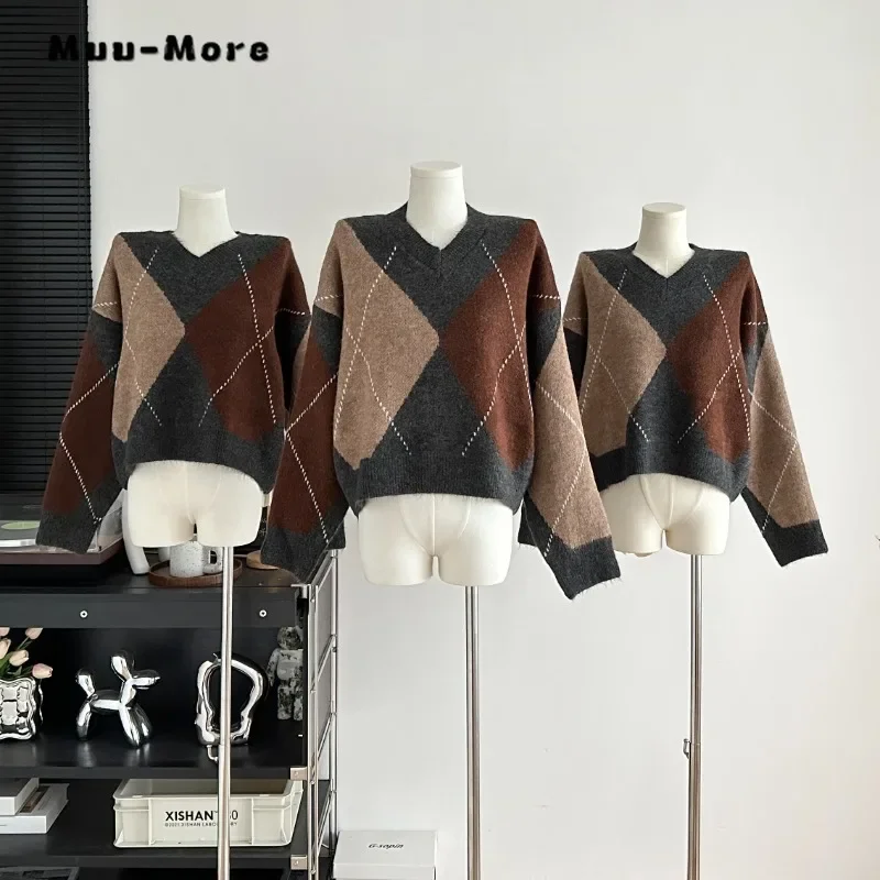 

Vintage Patchwork Knitting Long Sleeve Casual Pullovers 2023 Winter Women's Fashion Round Neck Ladies Loose Female Sweater Top