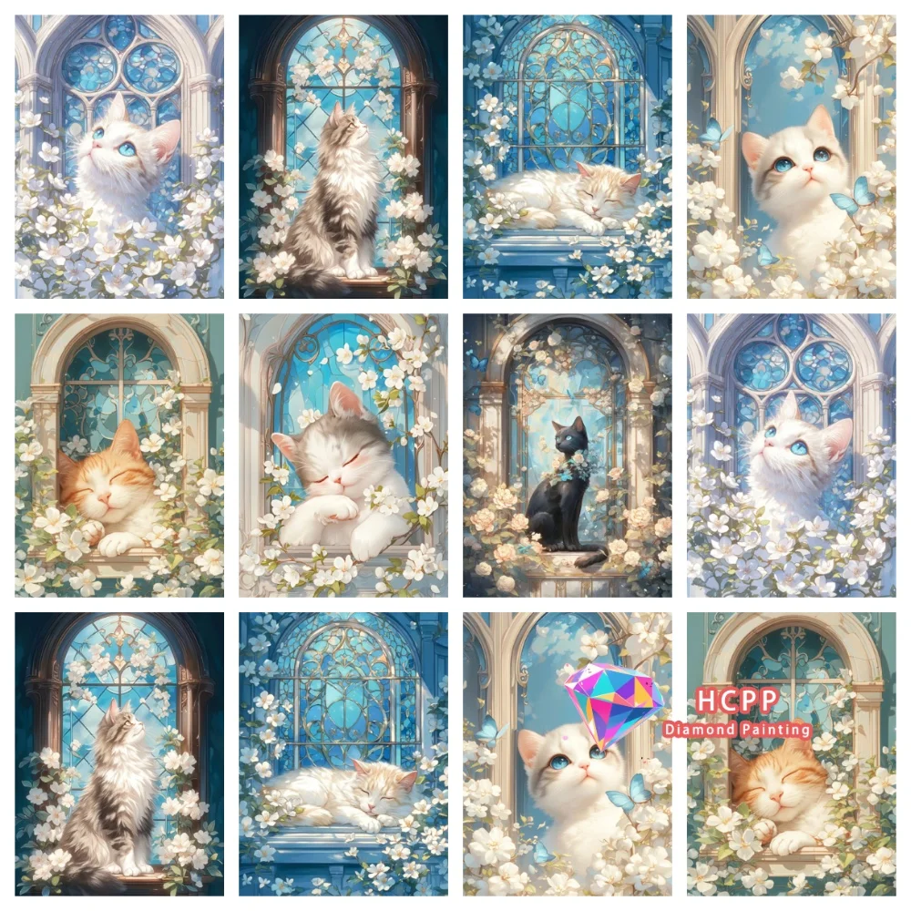 Neues Windows Katze und Blumen Diamant-Malerei-Set Quadratische Runde Diamanten 5D DIY Tier-Mosaik Handgemachte Kunst Einzigartiges Geschenk Heimdekoration