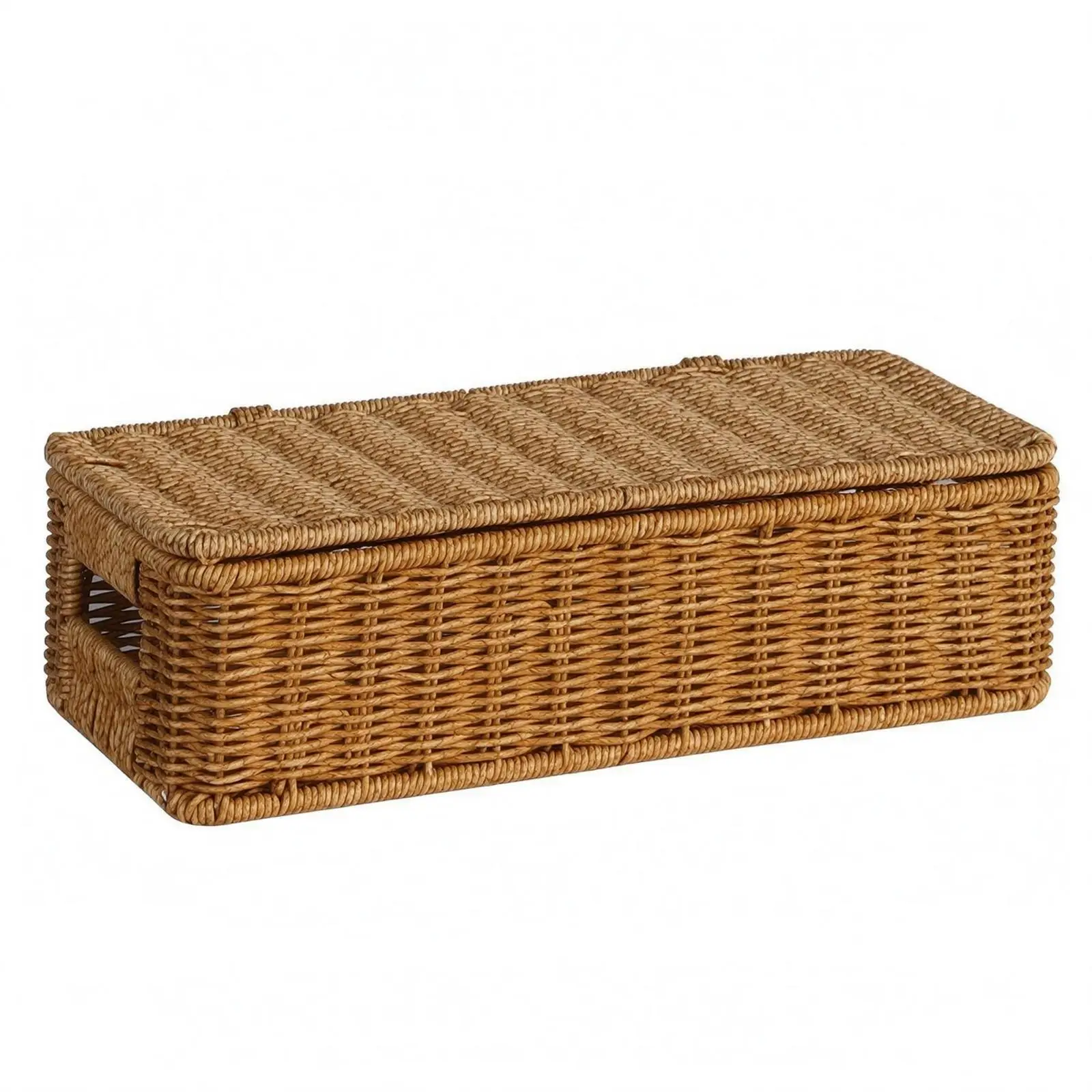 Long Rectangular Desktop Storage Container with Attached Lid Imitation Rattan Storage Box for Bedside Dorm Organizer