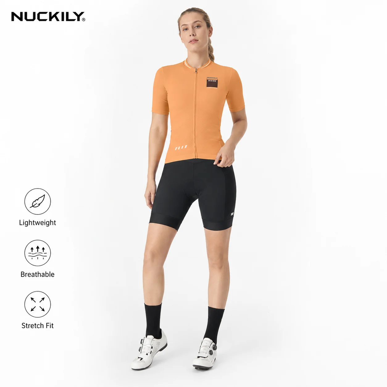 NUCKILY Women Cycling Jersey Set Short Sleeve Quick Dry Breathable Bike Shirt Padded Shorts Side