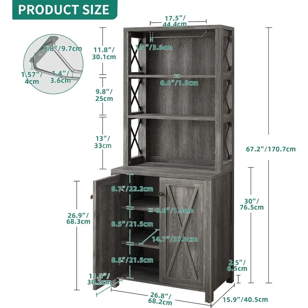 Armoire de bar avec portes en bois, armoires de bar hautes de 67 po, étagères de rangement ouvertes, armoire de café de ferme avec rangement