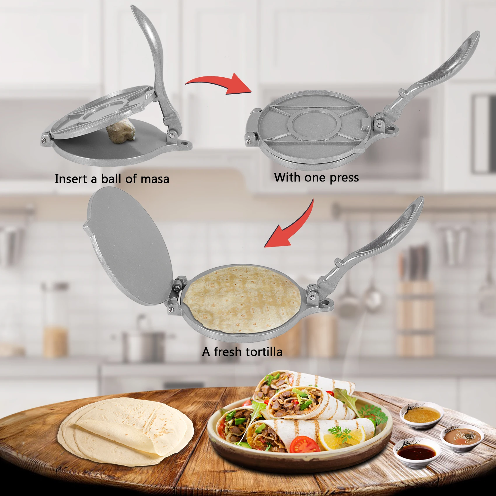 AT44-8 Inch Aluminum Tortilla Press. Tortilla Maker, Flour Tortilla Press, Rotis Press, Dough Press