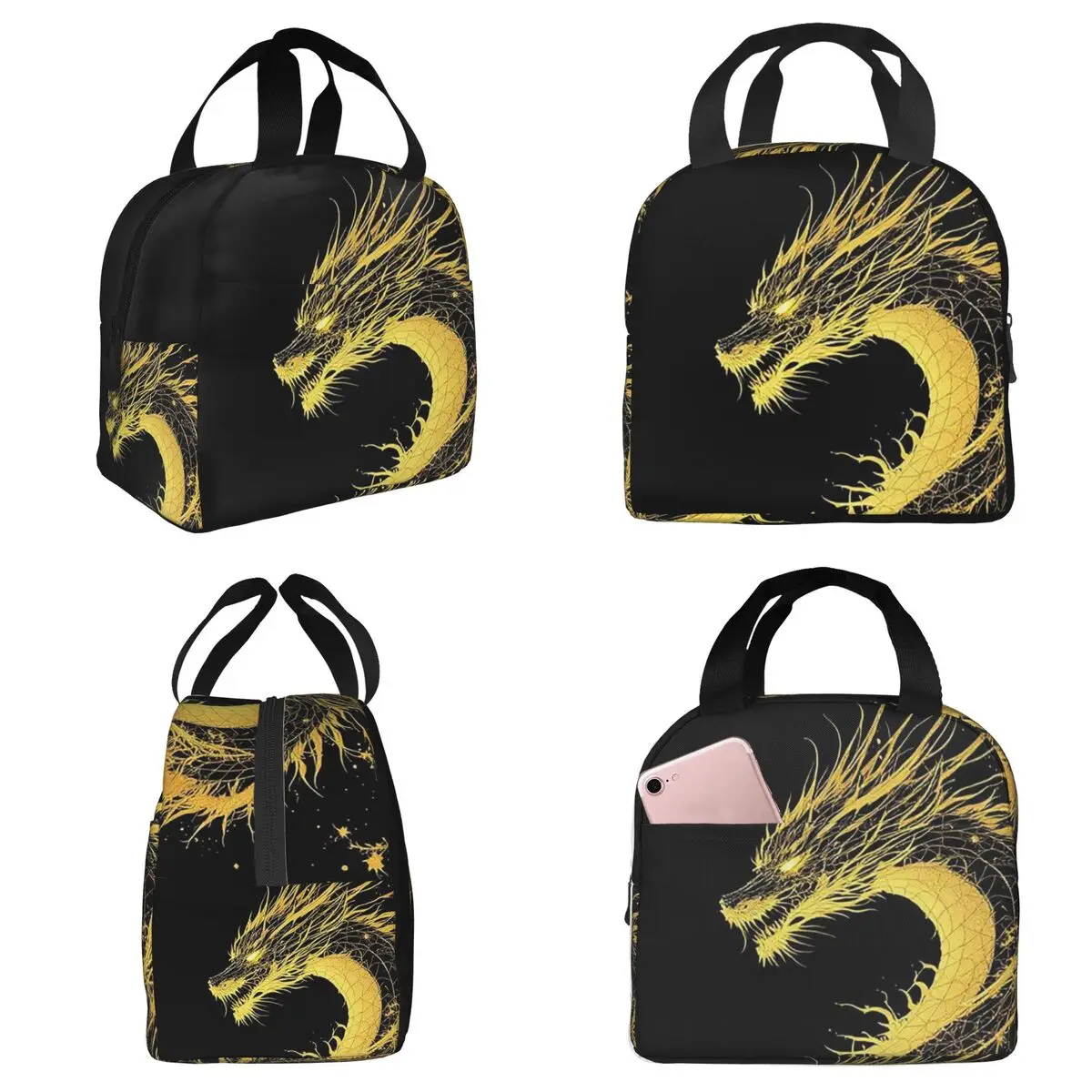 Isolierte Lunchtasche mit goldenem Drachenmuster für Kinder, Schulkühler, Thermo-Lebensmittelbox, tragbare Lunchboxen, Behälter
