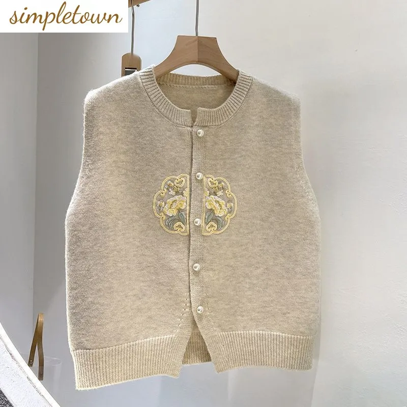

Spring and Autumn New Cardigan Embroidered Round Neck New Chinese Style Knitted Vest Women's 2025 Loose Women's Top