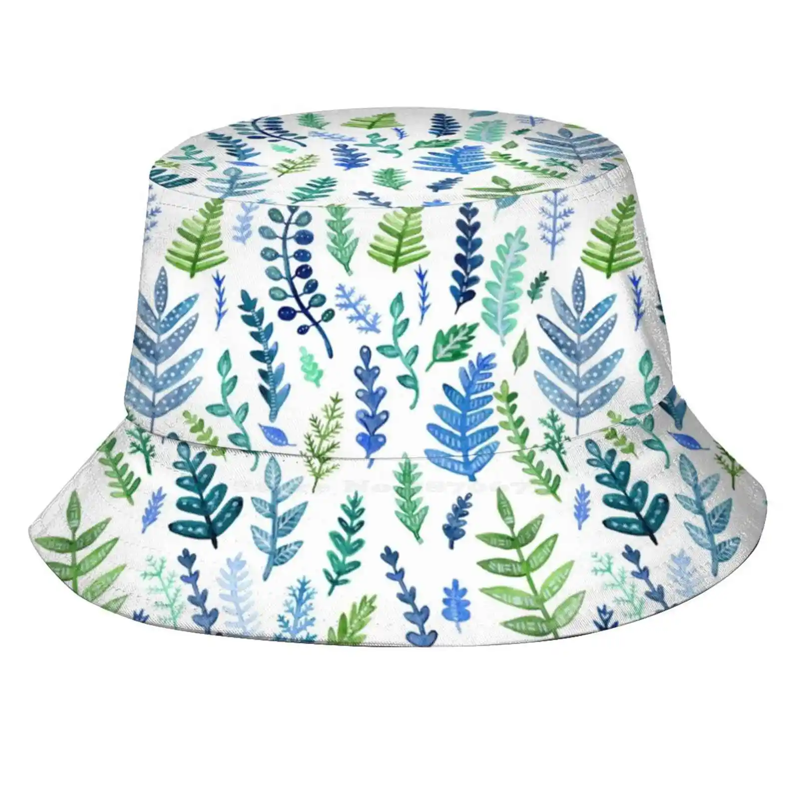 Blue And Green Watercolor Foliage Sun Cap Fisherman Hat Bucket Hats Watercolor Foliage Leaves Fern Plants Blue Green