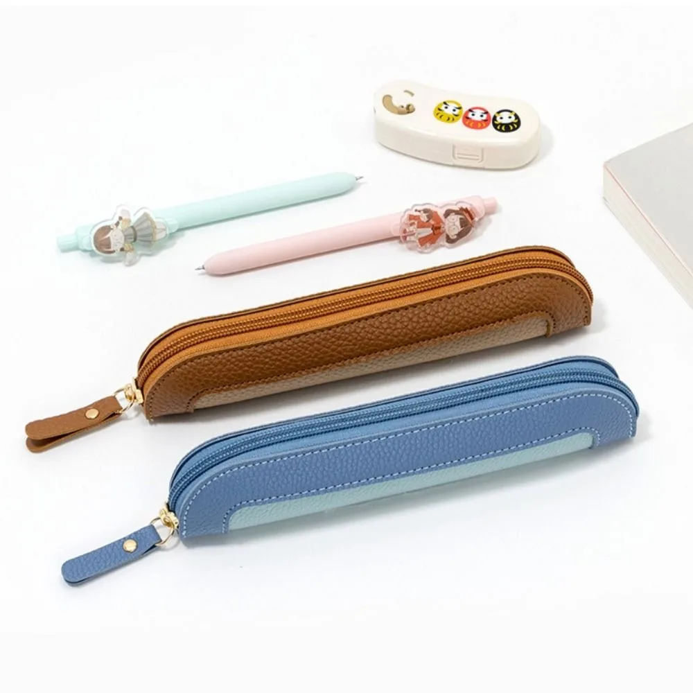 حقيبة أقلام صغيرة أنيقة وبسيطة من الجلد حقيبة تخزين أدوات مكتبية محمولة مدمجة متعددة الوظائف منظم قرطاسية