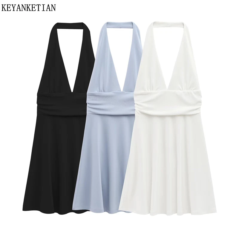 KEYANKETIAN 2025 Zomer Nieuwe vrouwen Halter V-hals Backless Slanke Mini Jurk Effen kleur Mode Sexy Mouwloze A-lijn Jurken