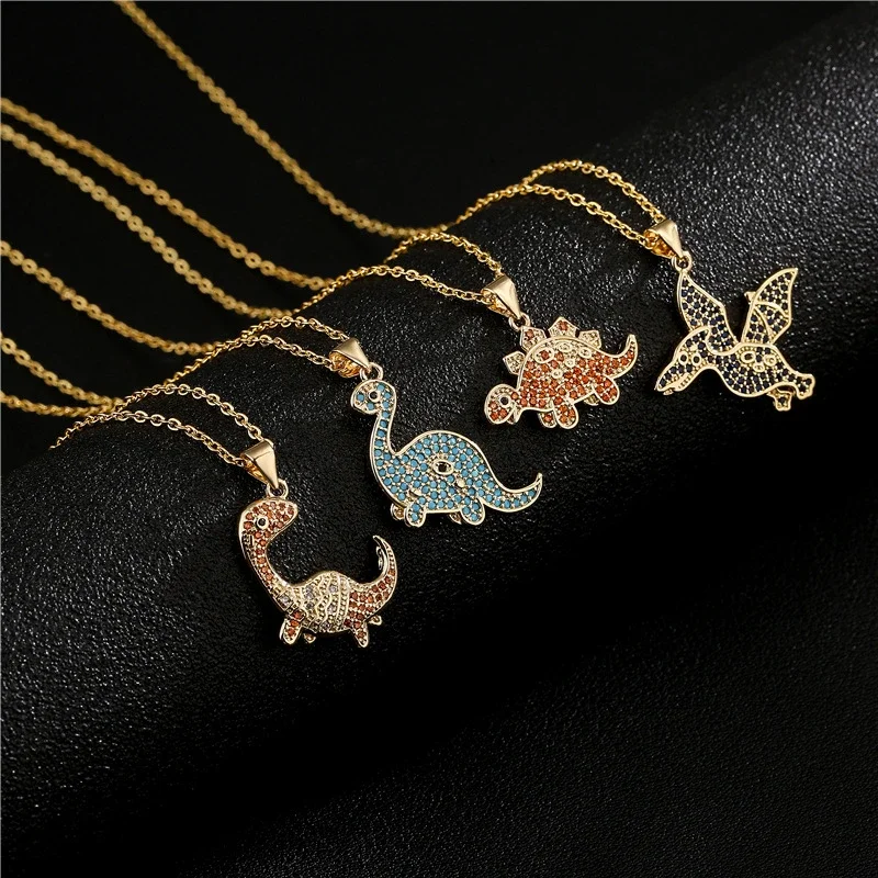 

Hip Hop Boho Dinosaur Pendant Zircon Necklace Real Gold Color Plated Rhinstones Sport Animal Jewelry New Arrival Dropshipping