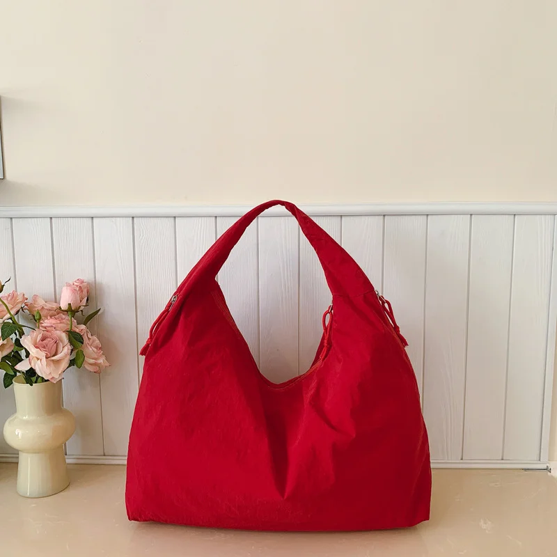 Casual Nylon Shoulder Bag Multi-Pocket Double Zipper High Capacity Tote Bag 2025 Fashion Solid Color Handbags Shopping Bag