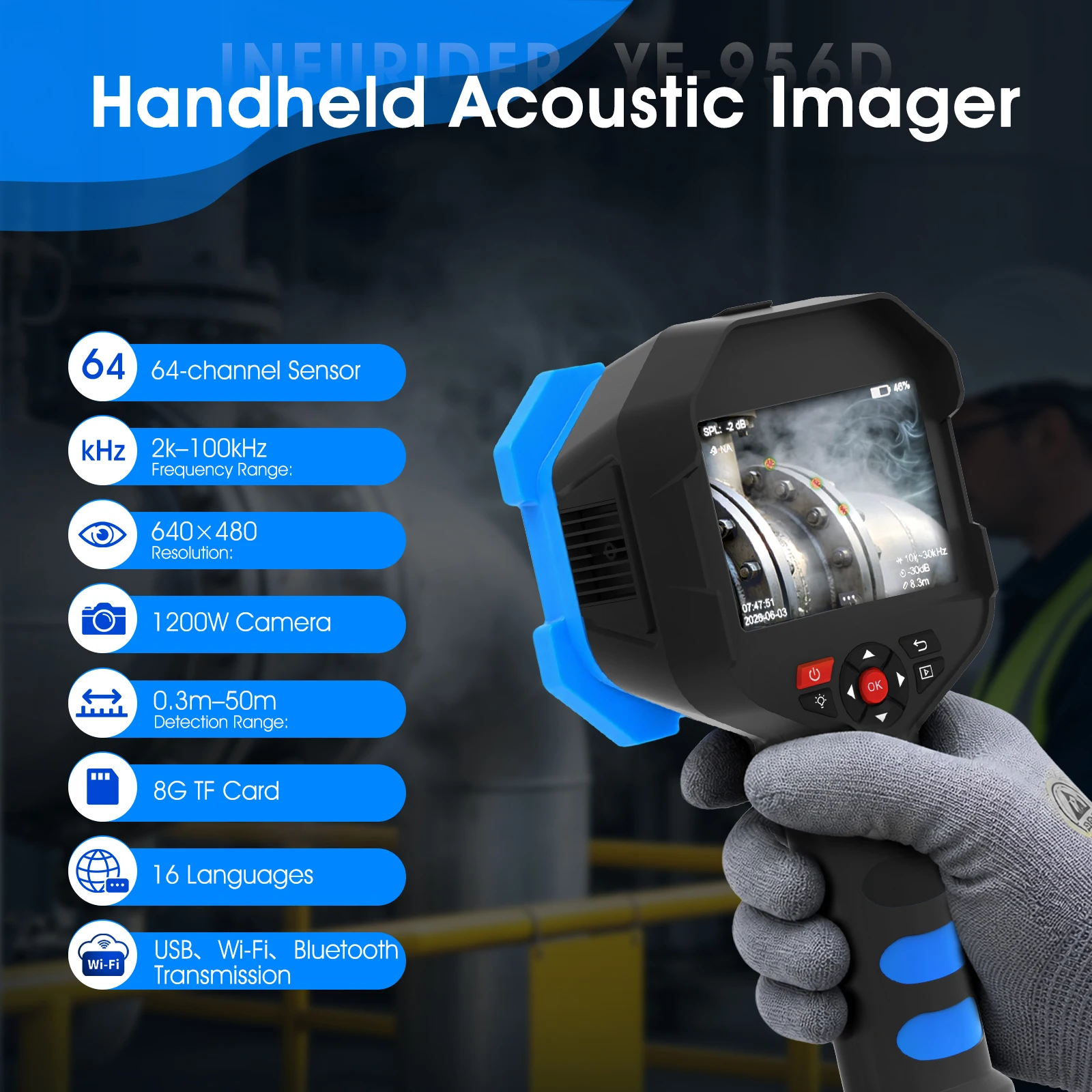Handheld Acoustic Imaging Camera 64CH Ultrasonic Gas Leak Detector Partial Discharge Locator