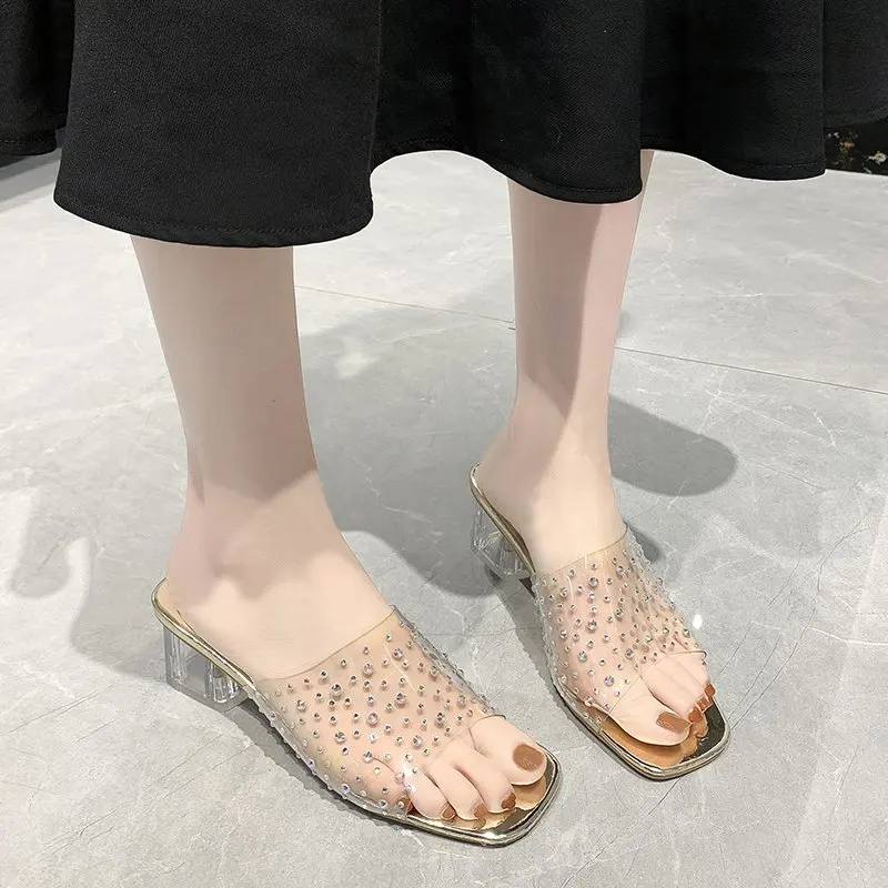 2024 Fashion PVC Transparent Rhinestone Slippers Women Sexy High Heels Square Toe Ladies Shoes Shallow Sandals Slippers Women