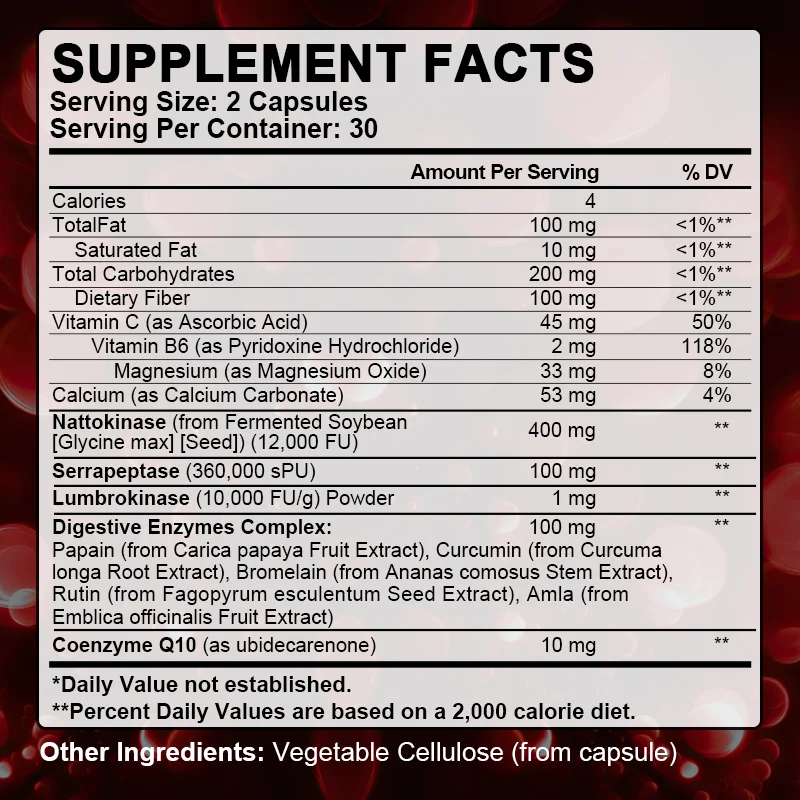 Nattokinase Supplement, with Serrapeptase, Bromelain, Amla, Curcumin, Promote Blood Circulation, Maintain Vessel Cleanliness, Antioxidant Support, for Normal Blood Flow, Cardiovascular Care Support, Package May Vary
