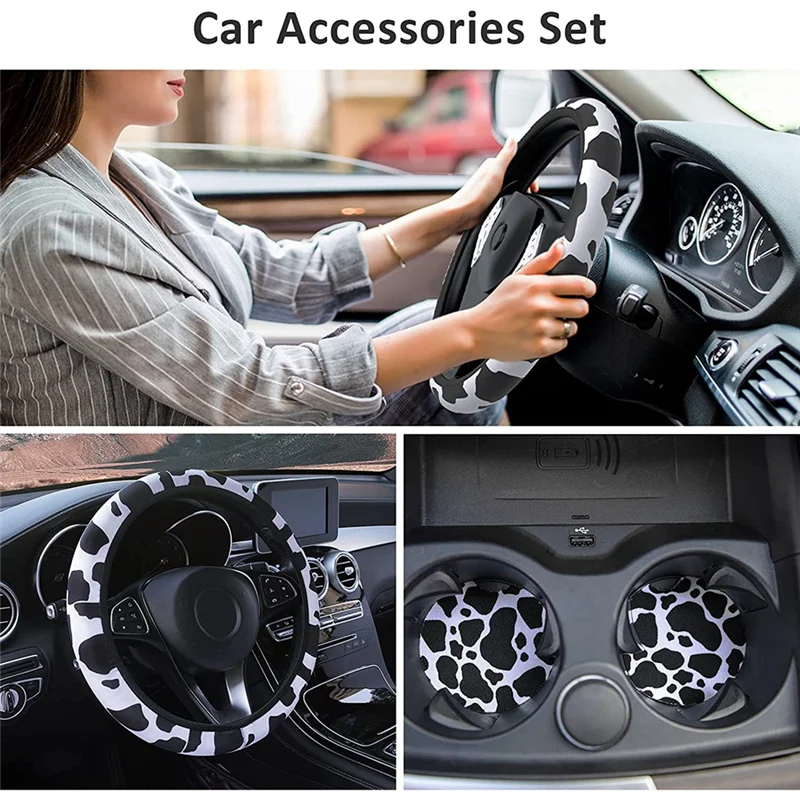 Cow Steering Wheel Cover for Women with 2PCS Car Coasters, Universal Cow Print Fashion Non-Slip Suitable for Girls