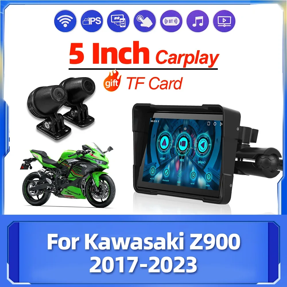 

5 inch Wireless CarPlay Motorcycle Screen Navigation GPS Navigator Front Rear Dual Camera Recorder For Kawasaki Z900 2017-2023