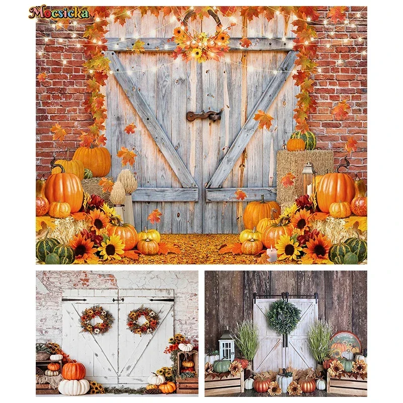 

Mocsicka Autumn Decoration Photography Background Vintage Wooden Door Harvest Pumpkin Sunflower Leaf Wreath Photo Backdrop Props