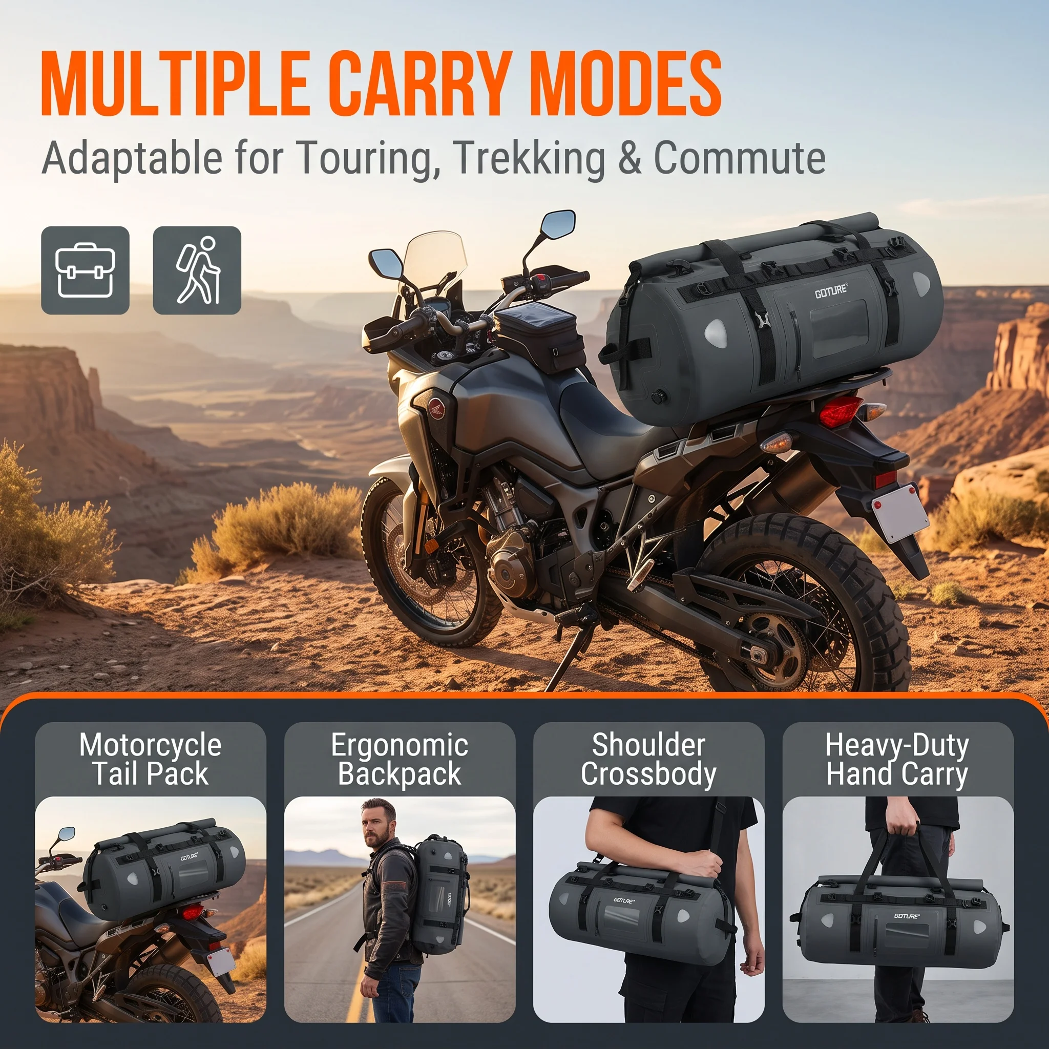 Motorcycle Tail Bag Waterproof Roll Top - Goture ロールトップ防水ドッフルバッグ（40L/60L）、多機能で、アウトドア、アドベンチャー、キャンプ、釣り、バイクでの使用に最適。収納に便利。
