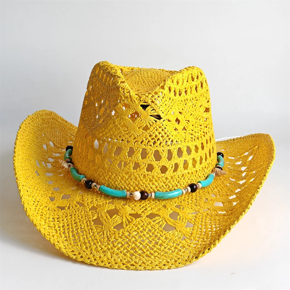 RED Western straw Cowboy Hat Natural Cowrie Shell Band Breathable Hollow Out Crochet Straw Cowgirl Hats Summer Beach Sombrero