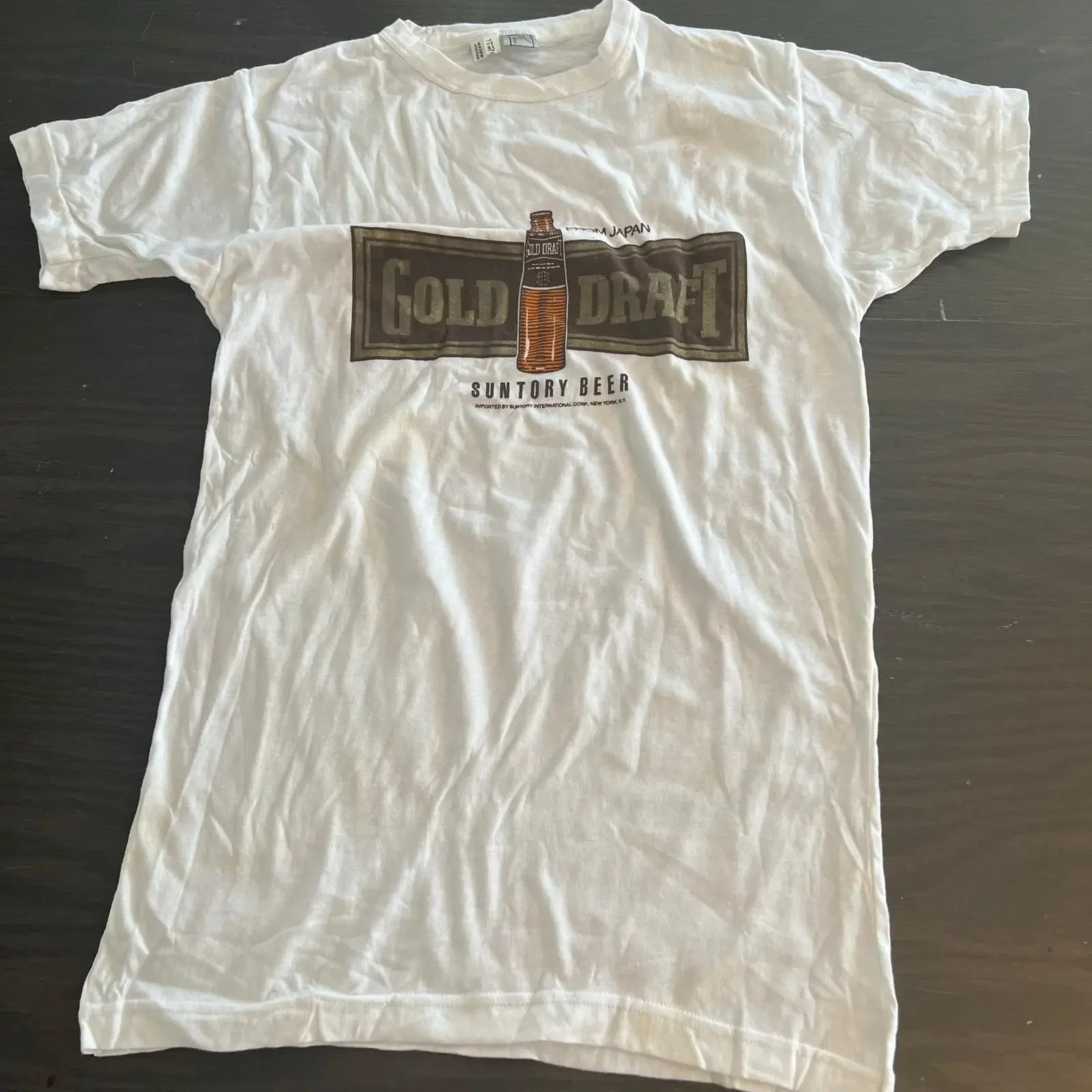 Camiseta Vintage de Algodón con Diseño de Cerveza Dorada, Importada de Japón en Nueva York, Talla Grande, Lavada, Ligeramente Desgastada, para Uso Diario
