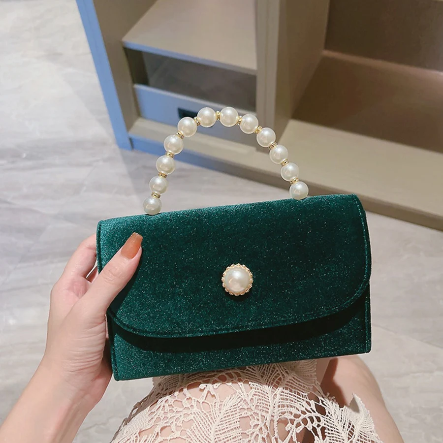 

Autumn Velvet Flap Evening Bag Dress Banquet Pearl Handle Handbag Prom Party Chain Bridal Small Square Bag for Work Commuting