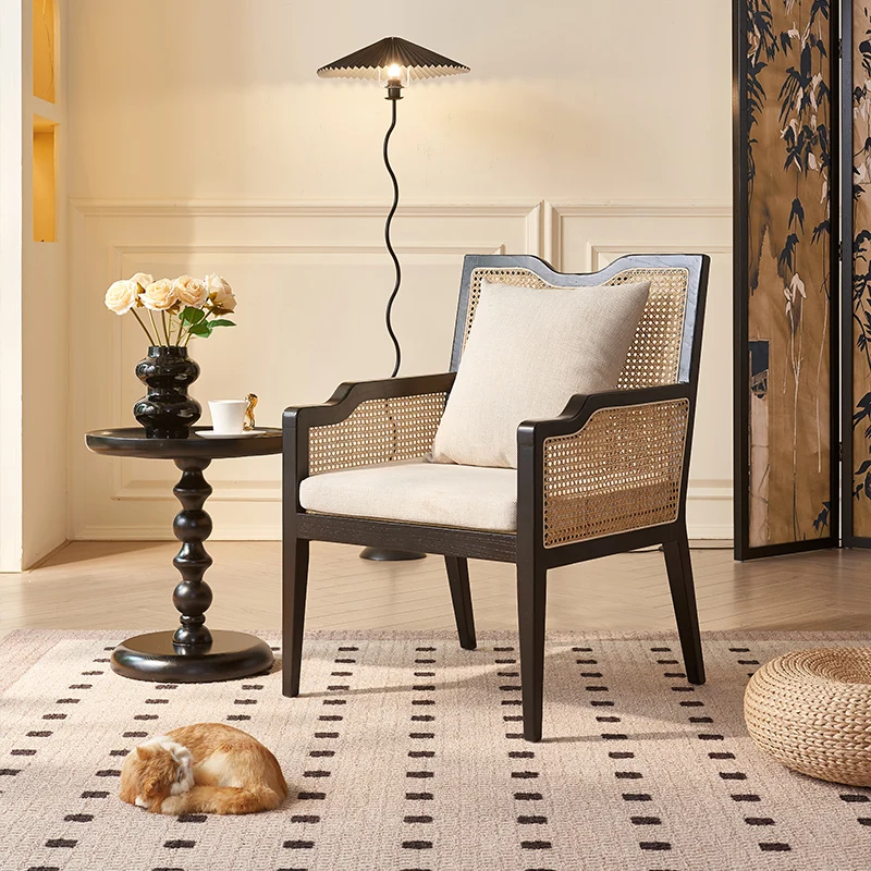 Custom Modern Bohemian Solid Wood Natural Rattan Accent Dining Armchair with Upholstered Seat Black Frame for Living Room Hotel